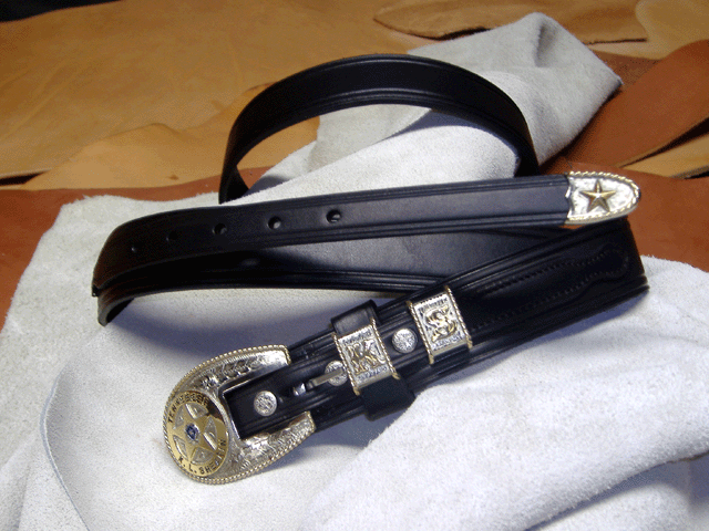 Hand Made Embossed English Bridle Leather Ranger Belt Western Buckle Set 